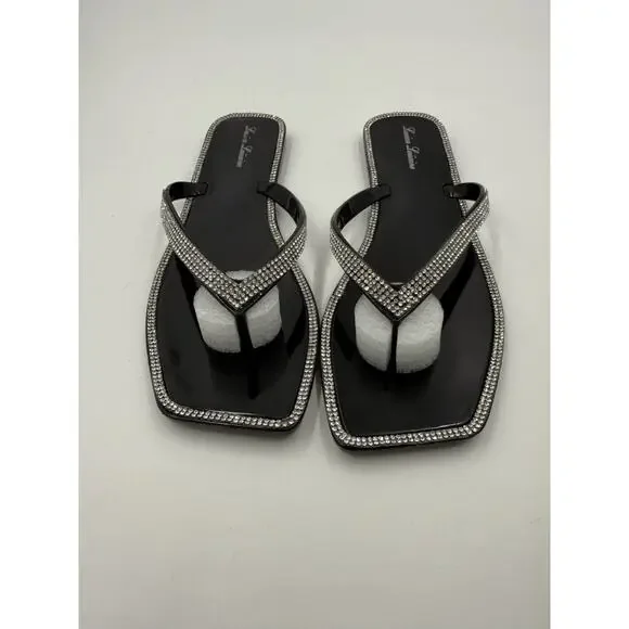 Lauren Lorraine Jellys Thong Sandal Square Toe Size 9.5 Rhinestones Tampa Black - Picture 3 of 9